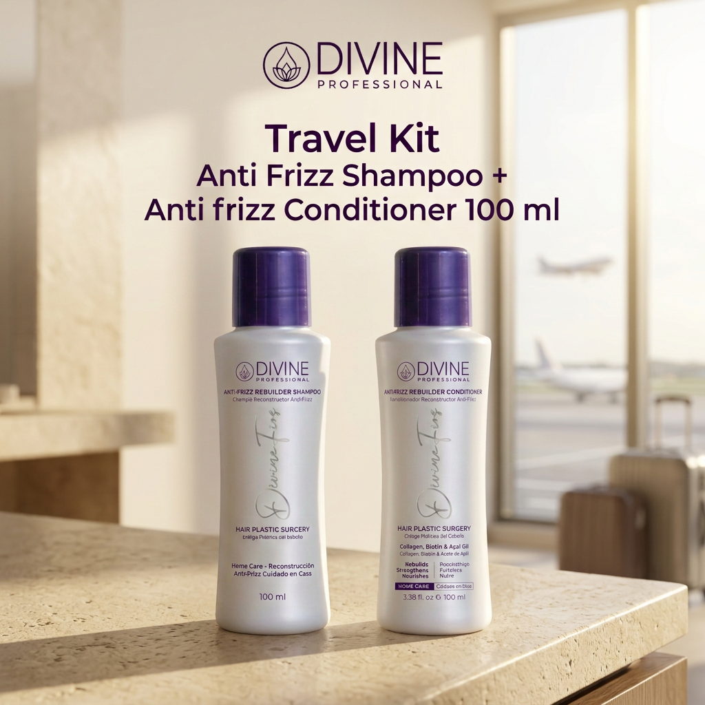 Bundle Travel Kit Anti Frizz en ambiente de viaje