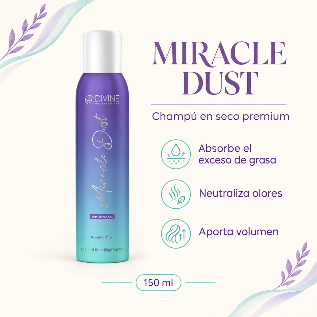 Afiche cuadrado de Divine Miracle Dust champú en seco premium de 150 ml con beneficios